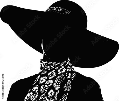 Woman vector hand drawn in silhouette, woman silhouette in wide hat — stock vector