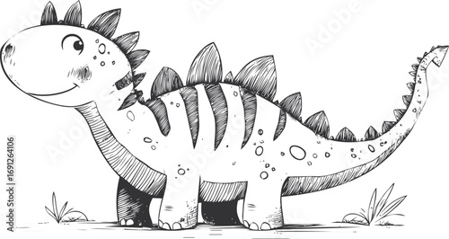Dinosaur vector sketch hand drawn line art in nature, cute cartoon dinosaur black and white — stock vector