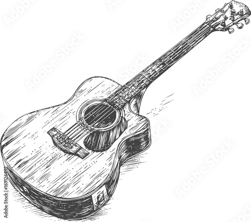 Acoustic vector hand drawn line art on icon, acoustic guitar in vintage engraving style — stock vector