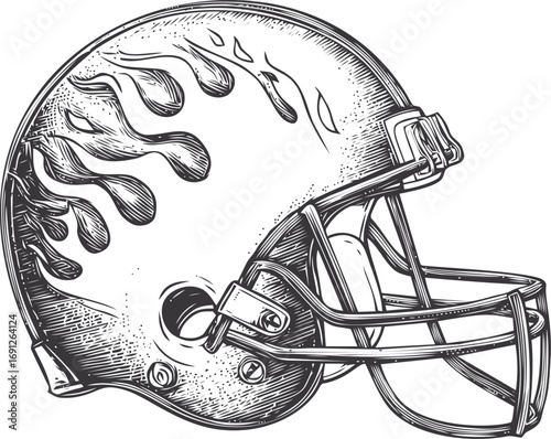 Flame vector hand drawn line art, american football helmet with flames vintage — stock vector
