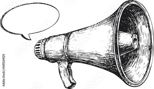 Megaphone vector sketch hand drawn line art on icon, vintage megaphone with speech bubble engraving — stock vector
