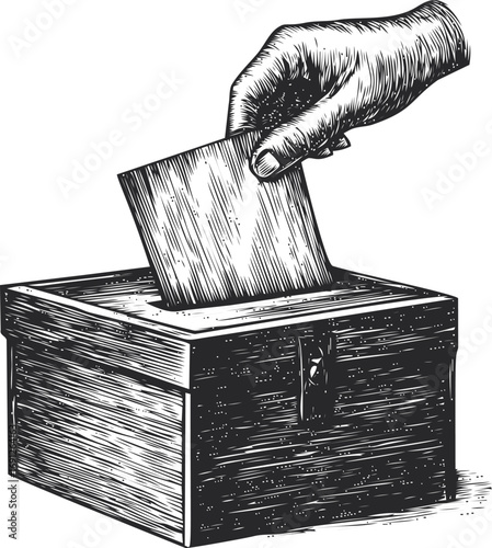 Voting vector sketch hand drawn line art, ballot box with hand voting — stock vector