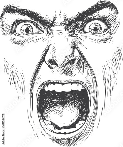 Angry vector sketch hand drawn line art on icon, angry screaming face in expressive style — stock vector