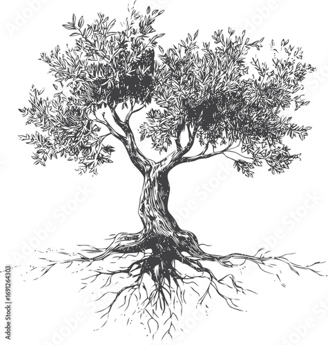 Floral vector sketch hand drawn line art in nature, olive tree engraving style with roots — stock vector