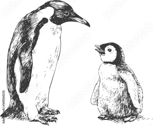 Educational vector hand drawn line art, emperor penguin and chick vintage — stock vector