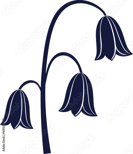 Stylized navy blue silhouette of three bell-shaped flowers on a curved stem bellflower