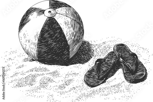 Sand vector sketch hand drawn line art in beach, beach ball and flip flops — stock vector