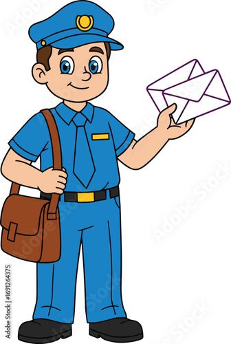 Cartoon mail carrier character, postman in blue uniform, holding envelopes, postal worker illustration, delivery service concept, vector design, stock image