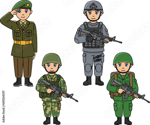 Cartoon military characters, soldiers in uniform, army illustration, tactical gear, camouflage outfit, rifle holding, vector design, armed forces, stock image