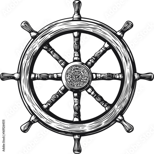 Ship vector sketch hand drawn line art on icon, ship wheel vintage engraving style nautical — stock vector