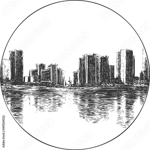 City vector sketch hand drawn line art in city, city skyline with waterfront in style — stock vector