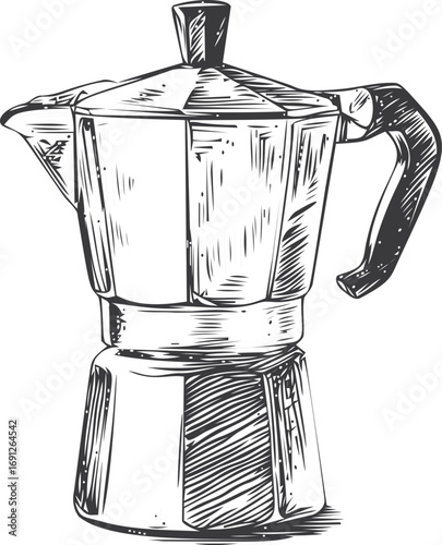Coffee vector sketch hand drawn line art in restaurant, moka pot in vintage engraving style — stock vector