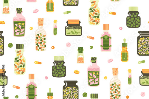 Medicine bottle pills capsules vitamin supplements seamless pattern. Pharmaceutical ayurvedic boundless background. Endless design for paper print, fabric textile, wrapper backdrop vector template