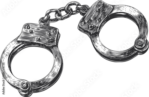 Handcuffs vector sketch hand drawn line art on icon, handcuffs vintage engraving style illustration — stock vector