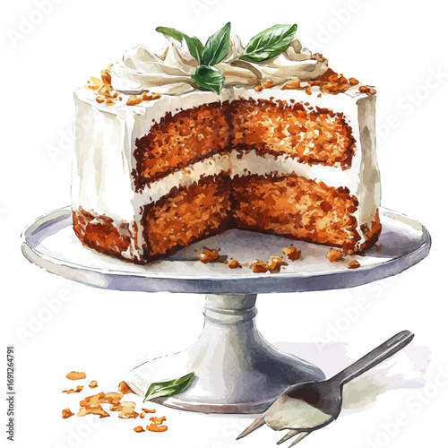 watercolor vector of Carrot Cake, isolated on a white background.