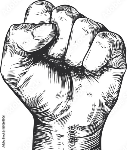Fist vector sketch hand drawn line art on icon, raised fist hand in vintage engraving — stock vector