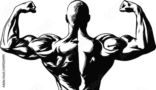 Muscular vector hand drawn line art in isolated, muscular man flexing arms in bold — stock vector