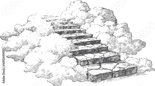 Clouds vector hand drawn line art in landscape, stone steps ascending through clouds — stock vector
