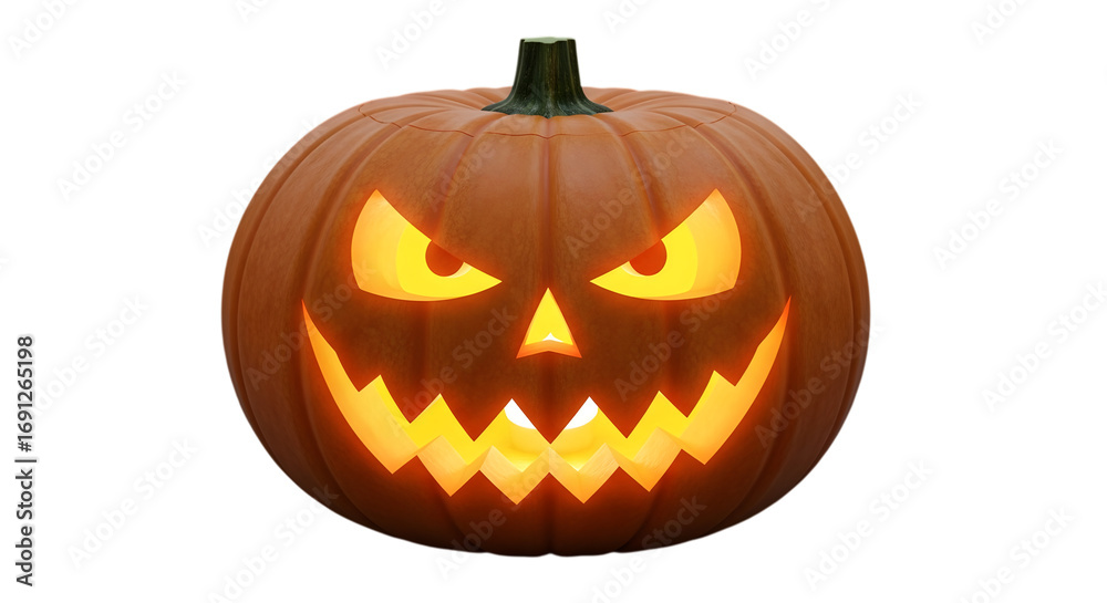 Fototapeta premium A carved jackolantern with a scary face, glowing with an eerie orange light from within, isolated on a transparent background