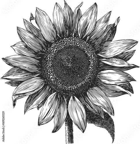 Sunflower vector sketch hand drawn line art in nature, sunflower botanical engraving style black — stock vector