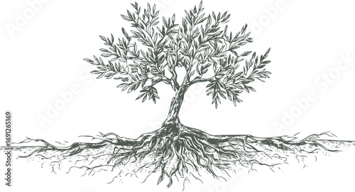 Olive vector hand drawn line art in nature, olive tree with roots engraving vintage — stock vector