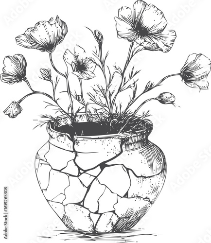 Wildflowers vector sketch hand drawn line art in nature, cracked vase with wildflowers vintage style — stock vector