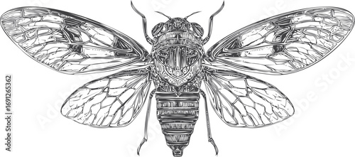 Cicada vector hand drawn line art in nature, detailed cicada insect in monochrome vintage — stock vector