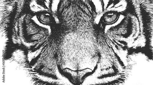 Tiger vector sketch hand drawn line art in nature, tiger face close-up in detailed black — stock vector