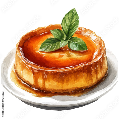 Caramel Flan, watercolor painting vector, isolated on a white background.