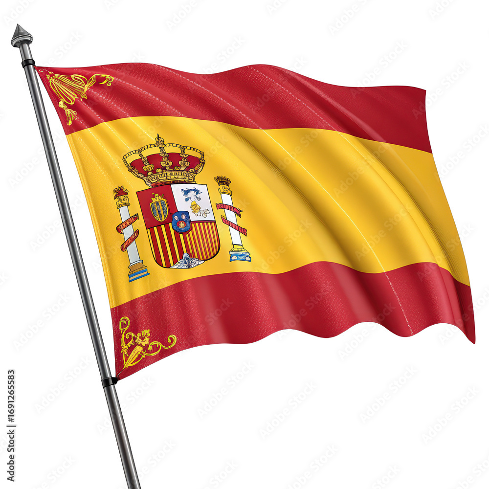 Fototapeta premium Realistic Spanish flag isolated on a transparent background design element for graphic projects and illustrations png national symbol of Spain png high-quality transparent image png