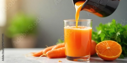 Freshly juiced carrots, vibrant orange liquid pouring from a juicer into a glass  Healthy, delicious, and nutritious beverage  Perfect for a healthy lifestyle ,  preparation,  health