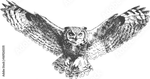 Owl vector sketch hand drawn line art in nature, flying owl in vintage engraved style — stock vector