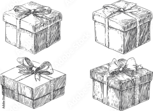 Present vector sketch hand drawn line art in outline, gift boxes with bows in vintage — stock vector