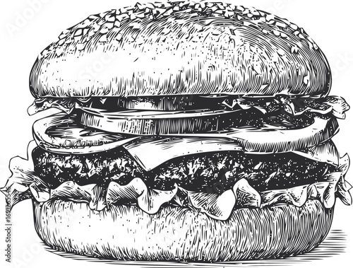 Burger vector sketch hand drawn line art in restaurant, vintage burger in retro engraving style — stock vector