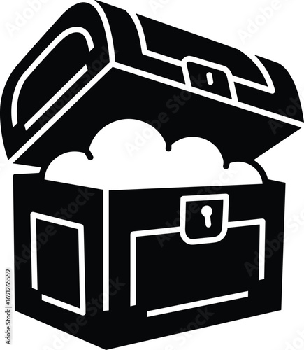 Treasure chest silhouette vector, pirate loot box icon, black open chest with gold, fantasy symbol for adventure or game design