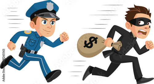 Cartoon police officer chasing thief vector illustration, crime scene, law enforcement action, money bag, running characters, children theme, justice concept