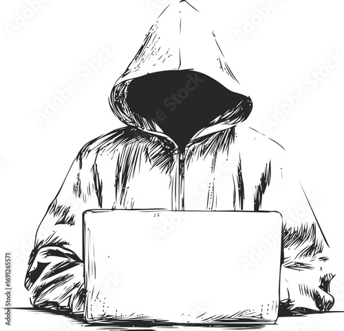 Hacker vector sketch hand drawn, hacker in hoodie with laptop, style — stock vector