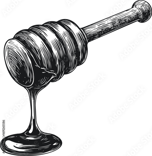 Retro vector sketch hand drawn line art, honey dipper with dripping honey — stock vector