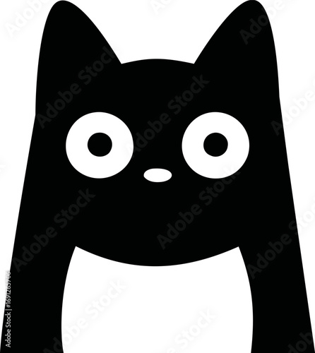 Cute vector hand drawn line art on icon, cute minimalist black cat with big — stock vector