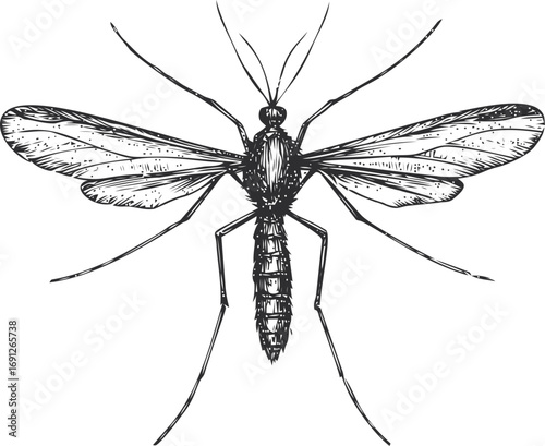 Mosquito vector sketch hand drawn line art in nature, mosquito silhouette, detailed black — stock vector