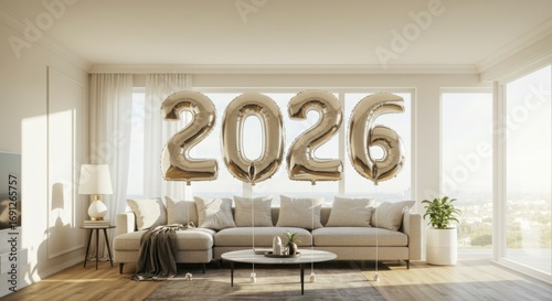 Gold balloons displaying the number 2026 in a modern living room  