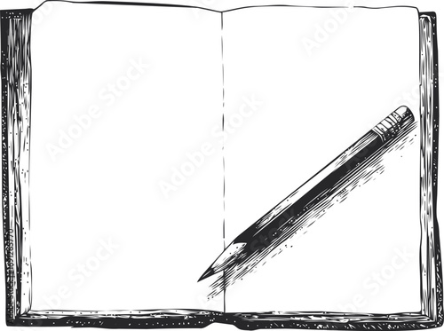 Sketchbook vector sketch hand drawn line art in outline, open sketchbook with pencil vintage engraving — stock vector