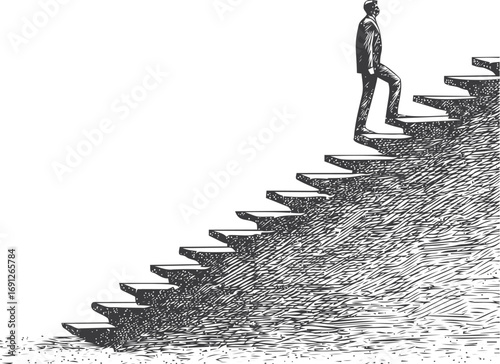 Leadership vector sketch hand drawn line art on icon, businessman climbing stairs in engraving style — stock vector