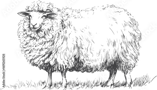 Sheep vector sketch hand drawn line art in nature, sheep standing on grass style — stock vector