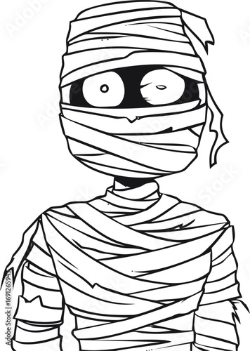 Mummy vector hand drawn line art on icon, cartoon mummy character in black — stock vector