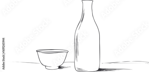 Sake vector sketch hand drawn line art in restaurant, sake bottle and cup minimalist — stock vector