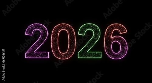 Colorful illuminated numbers 2026 against a black background - Concept of New Year 2026  