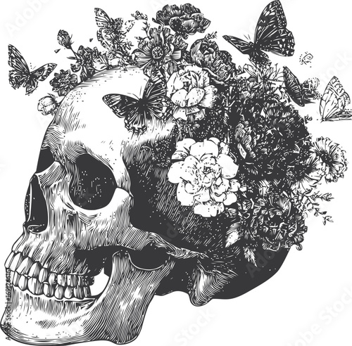 Skull vector hand drawn line art in nature, engraving style — stock vector