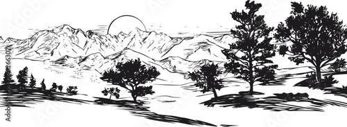 Landscape vector sketch hand drawn in landscape, mountain landscape with trees in vintage — stock vector