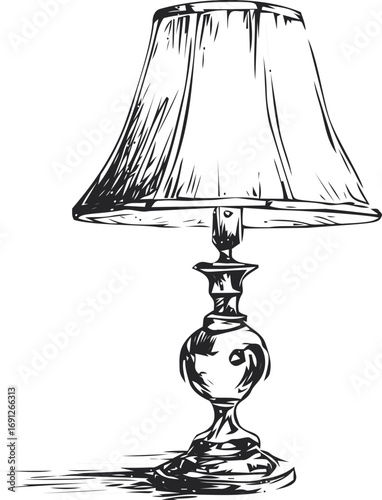 Drawing vector sketch hand drawn line art in outline, vintage table lamp in black — stock vector
